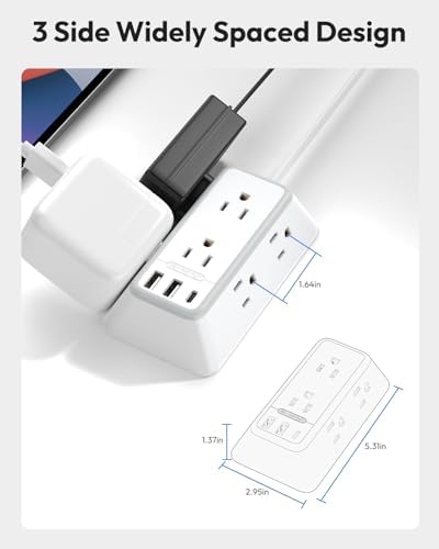NTONPOWER 25ft Power Strip Flat Plug, Surge Protector Extension Cord with USB-C, Flat Surge Protector Power Strip, Mountable Surge Protector 3-Side for Home Office Accessories, White