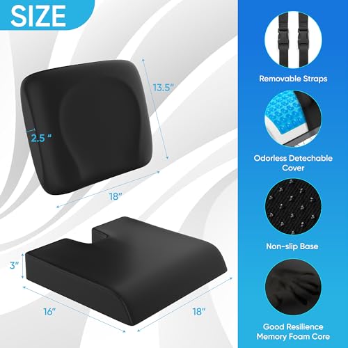 CUSHIO Wheelchair Cushion for Pressure Relief - (2-Piece Set) 18”x16” Anti-Slip Wheelchair Seat Cushions for Adults, Seniors with Lumbar Pillow and Removable Strap, Gel Cushion for Wheelchair