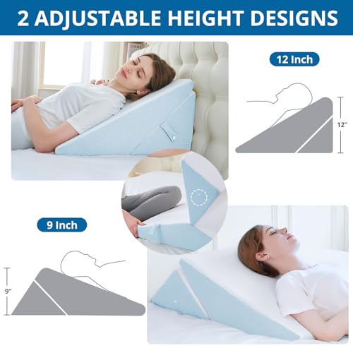 Sasttie Wedge Pillow for Sleeping Apnea, 9 & 12 Inch Adjustable Bed Wedge Pillow for Back Pain Relief, Cooling Memory Foam Pillow Wedge for Post Surgery, Acid Reflux and Snoring, Blue