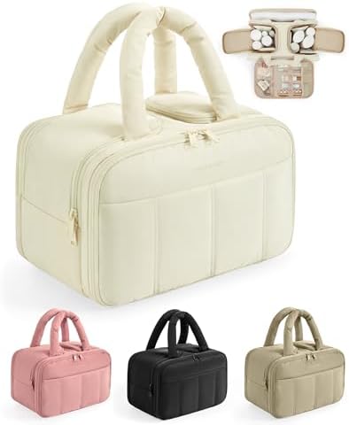 BAGSMART Travel Toiletry Bag, Puffy Large Toiletry Bag for Women, Lightweight Cosmetic Makeup Bag Organizer with Handle for Traveling, Accessories, Essentials, Toiletries （Beige