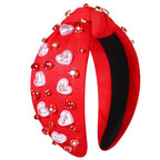 Valentine’s Day Heart Headbands for Women Valentine’s Day Accessories Jeweled Beaded Heart Knotted Headband Pink Red Rhinestone Wide Top Knot Headband Valentine Party Favors Gifts (Pearl Heart)