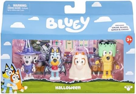 Bluey Figure 4-Packs, Halloween, 2.5" Poseable Figures of Bluey, Bingo, Chloe & Lucky Dressed in Halloween Costumes, with Accessories, Kids Can Recreate Their Favorite Moments from The Bluey TV Show