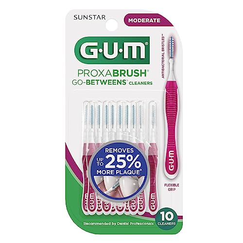 GUM Proxabrush Go-Betweens - Moderate, Interdental Brushes Between Teeth, Dental Picks for Plaque Removal, Safe for Braces & Dental Devices, 10ct (4Pk)