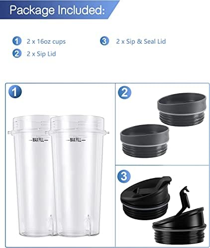 2-pack Blender Replacement Parts Single Serve 16oz cups with Sip & Seal Lids Compatible with Ninja Blenders