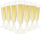 SUREHOME Champagne Flutes Plastic 100 Pack Gold Glitter Champagne Glasses Disposable Mimosa Glasses 5.5 Oz Sparkle Clear Acrylic Wedding Toasting Glasses Bulk for Party Bar Accessories Cocktail Cups