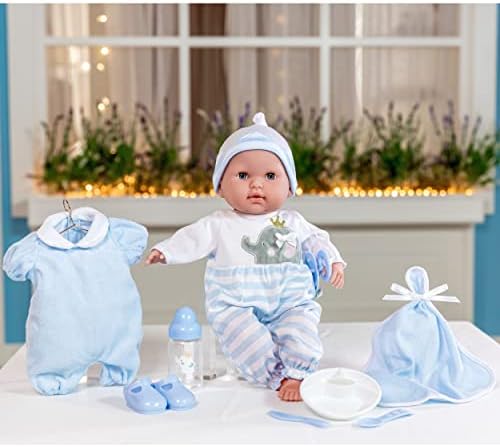 15" Realistic Soft Body Baby Doll with Open/Close Eyes | JC Toys - Berenguer Boutique | 10 Piece Gift Set with Bottle, Rattle, Pacifier & Accessories | Blue | Ages 2+