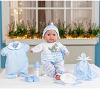 15" Realistic Soft Body Baby Doll with Open/Close Eyes | JC Toys - Berenguer Boutique | 10 Piece Gift Set with Bottle, Rattle, Pacifier & Accessories | Blue | Ages 2+