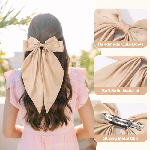 6Pcs Hair Bows for Women, Big Bow Hair Clips for Girls, Silky Satin Hair Bows Oversized Long Tail, Neutral Pink Hair Ribbon, Cute Bow Clips for Women, Metal Clips Hair Accessories Gifts