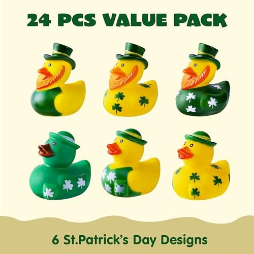 JOYIN 24 Pcs St.Patrick's Day Rubber Ducks, Green Rubber Lucky Ducks with Hats & Shamrock Patterns, Small Kid Bath Toys, St Patrick Gifts for Kids, Party Favors & Decorations