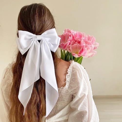 Silky Satin Hair Slides with Metal Clips - 4 Pieces Ribbon Barrettes, Large Bows, and Long Tail Accessories for Women and Girls (Black, White)