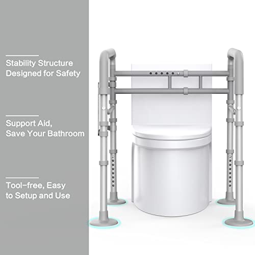 Agrish Stand Alone Toilet Safety Rail - [Adjustable Design] Medical Assist Grab Bar for Elderly Handicap Pregnant, Folding Toilet Frame Handrails (Silver Grey)