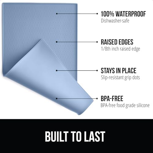 Gorilla Grip 100% Waterproof Raised Edge BPA Free Silicone Pet Feeding Mat, Dog Cat Food Mats Contain Spills Protects Floors, Placemats for Cats and Dogs Water Bowl, Pets Accessories 23x15 Blue