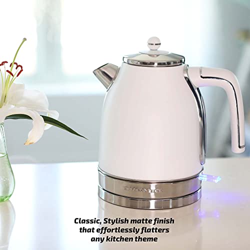 OVENTE Electric Stainless Steel Hot Water Kettle 1.7 Liter Victoria Collection, 1500 Watt Power Tea Maker Boiler with Auto Shut-Off Boil Dry Protection Removable Filter and Water Gauge, White Matte