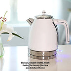 OVENTE Electric Stainless Steel Hot Water Kettle 1.7 Liter Victoria Collection, 1500 Watt Power Tea Maker Boiler with Auto Shut-Off Boil Dry Protection Removable Filter and Water Gauge, White Matte