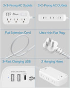 Short Extension Cord 3ft - Small Power Strip Flat Plug Surge Protetor with 6 Outlets 3 USB (3.4A/17W) Charging Ports, Multi Plug Wall Outlet Splitter for Home Bedroom Hotel Office Desktop Accessories