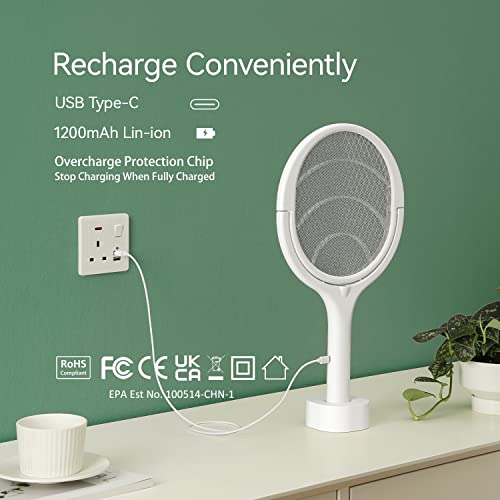 Rotating Head Rechargeable Electric Fly Swatter Electric Fly Swatter Racket Bug Zapper Racket Mosquito Zapper Indoor Bug Zapper Indoor Fruit Fly Zapper Racket Spider Killer Gnat Trap Wasp Catcher