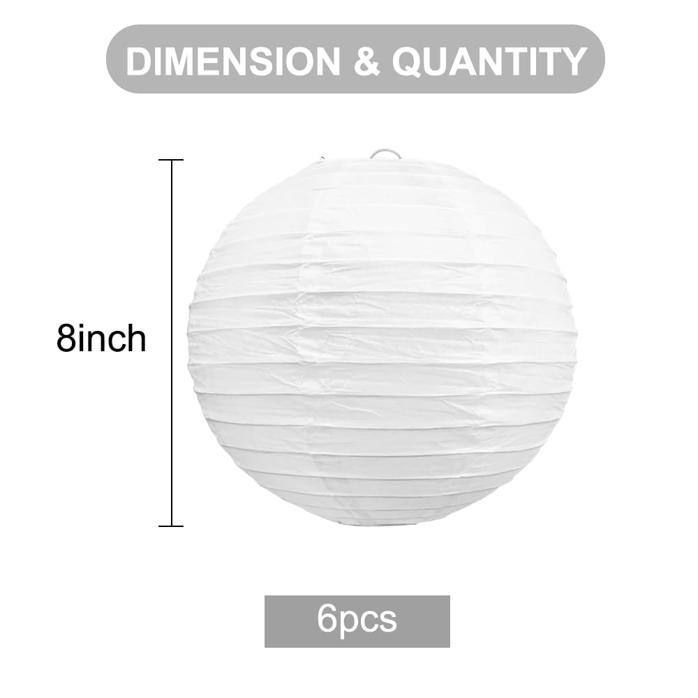 BEISHIDA 8-Inch White Paper Lanterns Decorative Chinese/Japanese Hanging Round Paper Lanterns Lamp for Birthday, Wedding, Christmas, Bridal, Home Decor, Party Decoration (6 Packs)