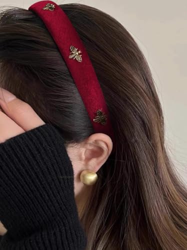 TERSE Burgundy Velvet Headband for Women White Pearl Head Band Cute Designer Headband Fashion Hair Accessories Vintage Women Holiday Headbands Elastic Hair Bands for Women's Hair