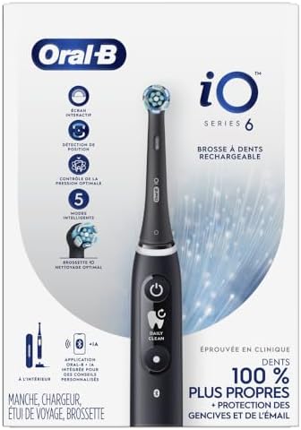 Oral-B iO Series 6 Rechargeable Electric Toothbrush with Visible Pressure Sensor to Protect Gums, 2 Minute Timer, 5 Cleaning Settings, 1 Replacement Toothbrush Head, and Travel Case, Black