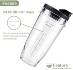 5-piece Blender Replacement Parts 24oz Ninja Blender Cups with To-Go Lids, 7 Fins Extractor Blade Compatible with Nutri Ninja Auto iQ Blenders BL2012 BN801 BL480 BL682 BL642