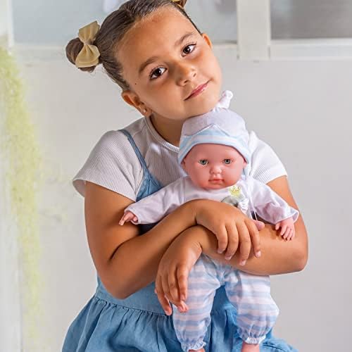 15" Realistic Soft Body Baby Doll with Open/Close Eyes | JC Toys - Berenguer Boutique | 10 Piece Gift Set with Bottle, Rattle, Pacifier & Accessories | Blue | Ages 2+