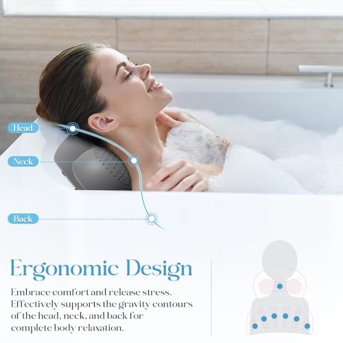 Bath Pillow Luxury Bathtub Pillow, Bath Pillows for Tub Head Neck and Back Support, Non-Slip Soft Silicon Bath Tub Pillow with Strong Suction Cup, Bath Accessories Spa Gifts, Gray