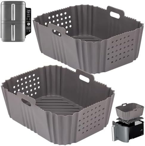 BYKITCHEN Silicone Air Fryer Liners for Ninja SL401 Double Stack 2 Basket Airfryer, Reusable Rectangle Perforated Silicone Liners for Dual Airfryer, Ninja DoubleStack XL Air Fryer Accessories