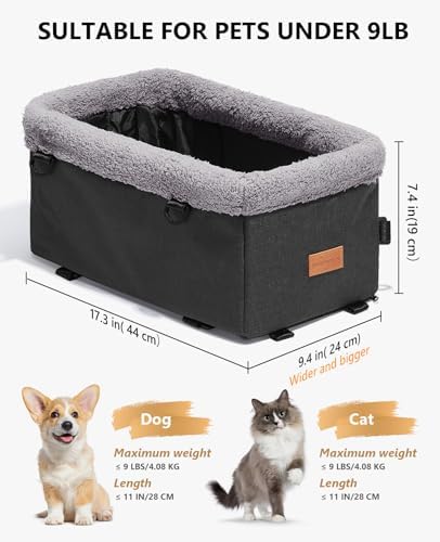 BurgeonNest Dog Carseat for Small Dog, Upgraded Console Pet Booster Seat with Metal Frame, Pet Carseat with Double Protection Seat Belts, Washable Cushion, Safety Leash and Storage Pocket(Large)