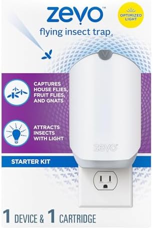 Zevo Flying Insect Trap for Indoors: Light Trap Captures Fruit Flies, Gnats and Houseflies, Starter Kit (1 Plug-in Base + 1 Cartridge)