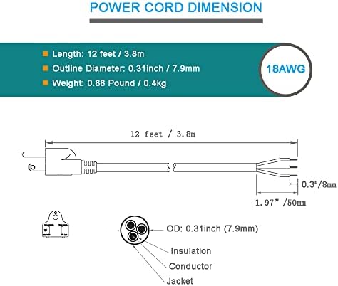 12FT 18AWG Power Cord Pigtail 3 Prong Open Wiring End Heavy Duty SJT Replacement Power Cord Cable NEMA 5-15P Male Plug, Power Cable 10A, 1200W at 120VAC