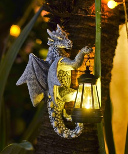 Fashionoda Dragon Tree Hugger with Solar Lantern - 9.3 Inch Resin Dragon Statue for Outdoor Garden Decor - Ideal Halloween Dragon Gifts & Birthday Gifts for Grandma Mom Women