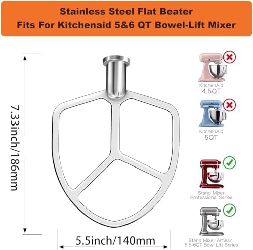 Stainless Steel Flat Beater Replacement for kitchenAid 5qt-6qt, Bowl-Lift Stand Mixer Accessories Fit for Professional 5 Plus and 600 Seris Mixers, Heavy Duty and Dishwasher Safe