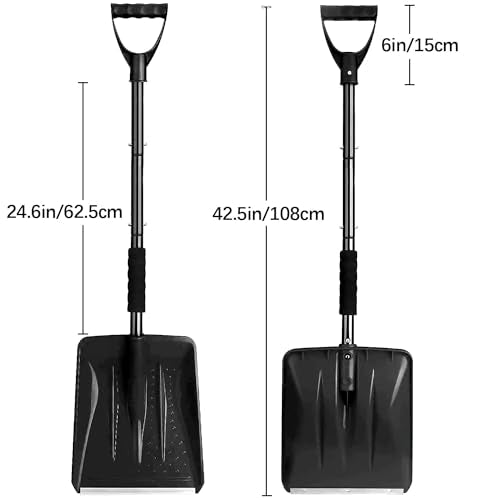 Snow Shovel, 2024 New Upgrade Large-Capacity Lightweight Aluminum Portable Snow Shovel, Parent-Child Playing Snow Shovel, Shovel for Garden, Car, Camping with Extra Ice Scrape(Black)