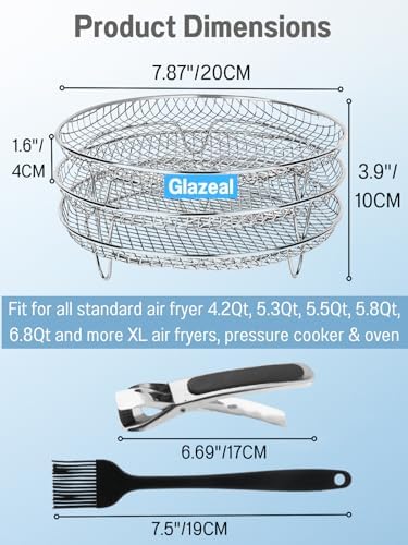 Three Stackable Dehydrator Racks for Ninja, Instant Pot Vortex, COSORI, CHEFMAN, Gowise, Ultrean, Gourmia - 304 Stainless Steel Grill Rack Fits 4.2-5.8 QT Air Fryer, Oven Air Fryer Accessories