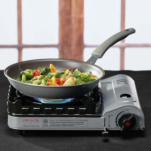 Chef Master 90019 Portable Butane Stove | 15,000 BTU Single Burner Gas Stove | Camping and Backpacking Essentials | Piezo Click Ignition | Double Wind Guard Burner | Hard Carrying Case