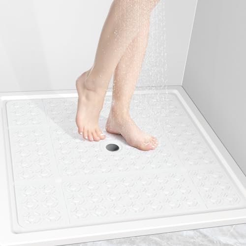 OTHWAY Square Shower Mat, 27"x 27"Extra Large Anti Slip Mat for Shower, Machine Washable Baby Bath Mat with Drain Holes in Middle, TPE White Bath Mat for Tub Bathroom Elderly Kids Toddlers(White)