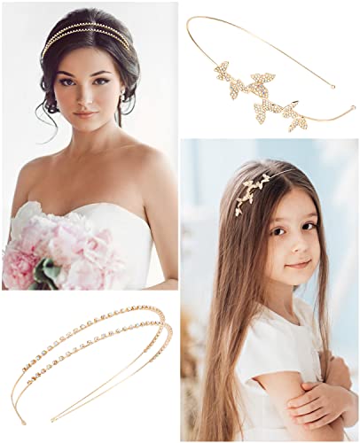 Wecoe 4 Pack AB Rhinestone Headbands Gold Metal Headbands Flower Girl Bridal Wedding Headband Crystal Headpieces Flower Leaf Butterfly Headband Formal Hair Accessories For Women Girls Gifts