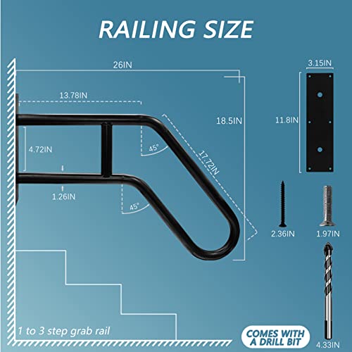 Handrails for Outdoor Steps Wall Mount, Railings for 1-3 Steps, U-Shaped Handrail with Matte Black Finished, Stair Handrails for Kids, Elderly, Pregnant Women, Disabled (26" Length, 1.25" Pipe)