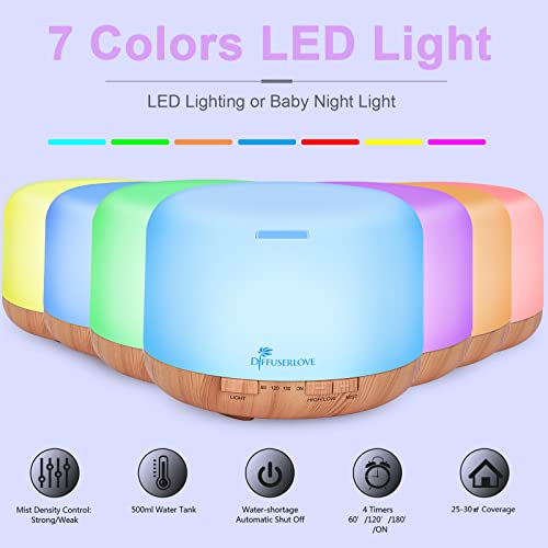 Diffuserlove Diffuser Essential Oil Diffusers 500ML Remote Control Aroma Diffuser Cool Mist Aromatherapy Diffuser with Mute Design, Timer and Auto Shut-Off for Office Living Room Yellow