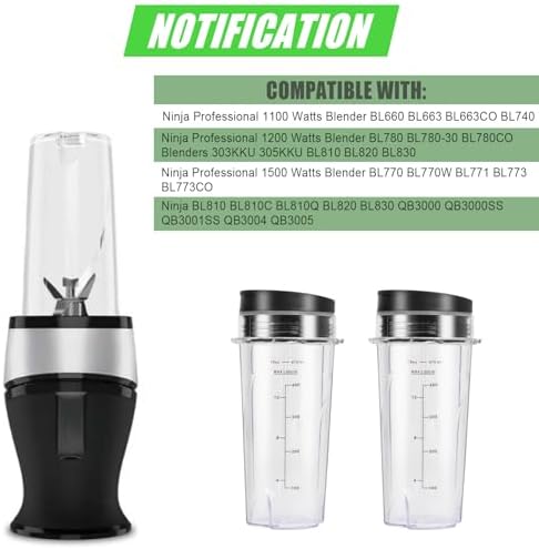 Upgrade 2 Pack 16oz QB3001SS Replacement Cups Compatible with Ninja Fit Compact Personal Blender, Replacement for Ninja Blender Cups with Scale and Sealing Cap…