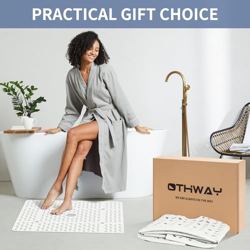 OTHWAY Square Shower Mat, 27"x 27"Extra Large Anti Slip Mat for Shower, Machine Washable Baby Bath Mat with Drain Holes in Middle, TPE White Bath Mat for Tub Bathroom Elderly Kids Toddlers(White)