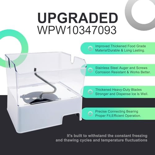 WPW10347093 Removable Ice Bin Replacement Compatible with Whirlpool, Maytag, KitchenAid, Jenn-Air Refrigerator Part Replacing Your Fridge's Ice Bucket Assembly W10347093 w10347100 With Auger