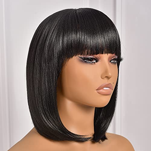 ToyoTress Black Bob Wigs With Bangs - 14 Inch Shoulder Length Light Yaki Straight Hair Daily Costume Wig For Black Women, Synthetic Hair Replacement Wigs Heat Resistant (14 Inch, 1B)