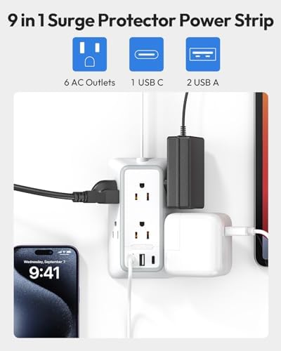 NTONPOWER 25ft Power Strip Flat Plug, Surge Protector Extension Cord with USB-C, Flat Surge Protector Power Strip, Mountable Surge Protector 3-Side for Home Office Accessories, White