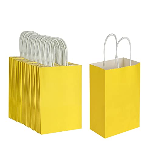 Oikss 100 Pack 5.25x3.25x8.25 inch Small Kraft Bags with Handles Bulk, Paper Bags Birthday Wedding Party Favors Grocery Retail Shopping Business Goody Craft Gift Bags Cub Sacks (Yellow 100PCS Count)