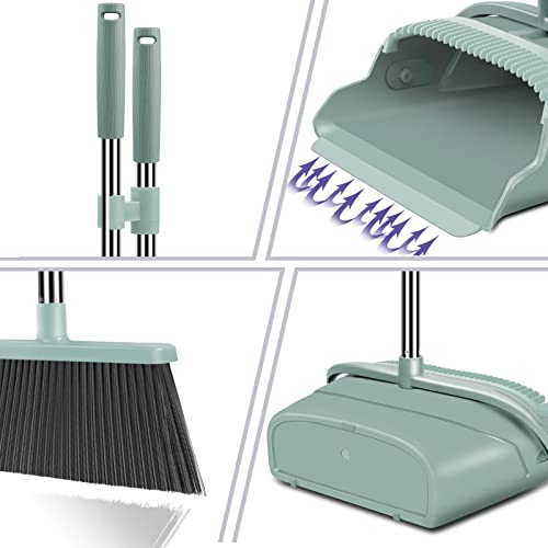 kelamayi 2023 Upgrade Broom and Dustpan Set, Large Size and Stiff Broom Dust pan with Long Handle, Upright,Ideal for Indoor Outdoor Garage Kitchen Room Office Lobby Use (Green)