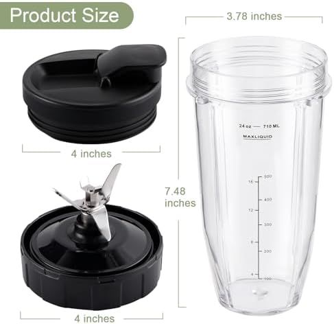 5-piece Blender Replacement Parts 24oz Ninja Blender Cups with To-Go Lids, 7 Fins Extractor Blade Compatible with Nutri Ninja Auto iQ Blenders BL2012 BN801 BL480 BL682 BL642
