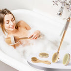 Dry Brushing Body Brush - Natural Boar Bristle Body Brush Set with Face Brush, Wooden Long Handle Scrub Body Brush for Cellulite Treatment, Lymphatic Drainage, Detachable, 3 Brush Heads