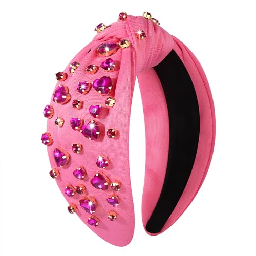 MOLOCH Pink Heart Headband for Women Rhinestone Conversation Love Heart Headbands Crystal Knotted Bejeweled Wide Velvet Fashion Hairband Valentines Day Country Concert Hair Accessories