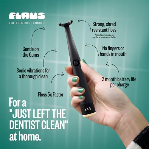 FLAUS Electric Flosser (Shark Tank) with 3 Speeds + 45 Replacement Heads - Easy Gliding Floss for Gentle Gum Care, Water Floss Alternative, Dentist Recommended Tooth Flossers, Eco Dental Floss Picks